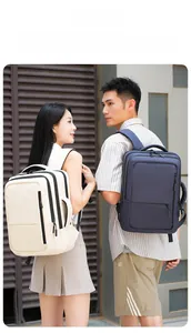 Outdoor shot of stylish waterproof business backpacks in beige and navy on urban models