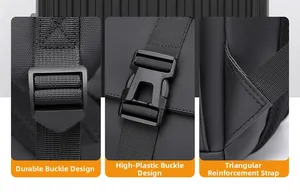 Detail view of backpack featuring durable plastic buckles and triangular seam reinforcement