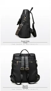 Detailed views of black travel backpack featuring leopard print strap and anti-theft back pocket