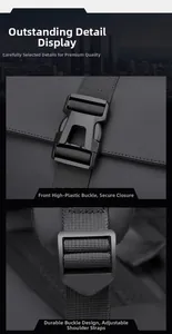 Detail of durable buckle and adjustable shoulder strap on black travel backpack