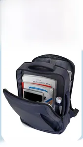 Detail view of large capacity business backpack with organized laptop and document compartments
