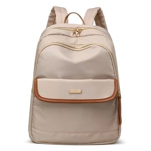 Minimalist beige casual backpack with brown leather trim and multi-layer zipper pockets