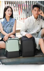 Detail view of stylish commuter backpack with integrated external USB charging port feature