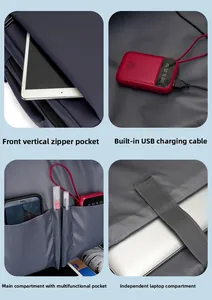 Detail view of business backpack with USB charging cable and laptop compartment storage