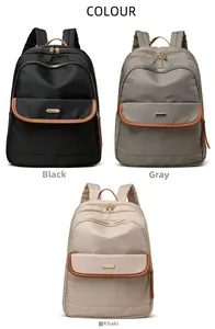 Detailed comparison of nylon backpacks in black, grey, and khaki colors with gold zippers