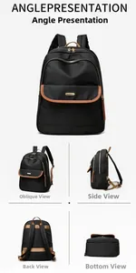 Detail shots of black nylon backpack showing leather trim and multiple zipper pockets