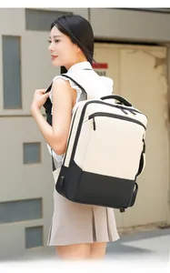 Detail view of large business backpack side profile with USB charging port and padded straps