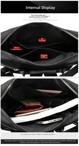 Internal layout of black nylon backpack showing main compartment and zippered pockets