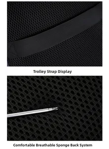Detail of breathable mesh padding and trolley strap for professional laptop backpacks