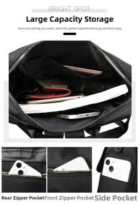 Detail view of large capacity nylon backpack with functional pockets and spacious interior
