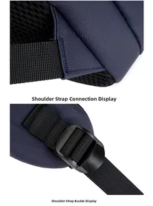 Detail of reinforced shoulder strap stitching and adjustable plastic buckle on business backpack