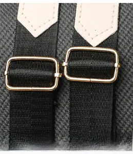 Detailed macro view of black woven nylon strap with polished gold metal buckles