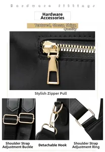 Detailed close-up of premium gold-plated metal hardware and zippers on a black backpack