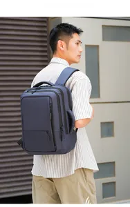Detail of multi-layer navy business laptop backpack with ergonomic breathable back padding