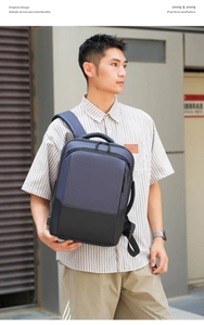 Close-up of a blue and black durable laptop backpack featuring practical aesthetics and design