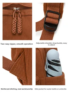 Detail van corduroy rugzak met dubbele ritsen, gespen en handige zijvakken
