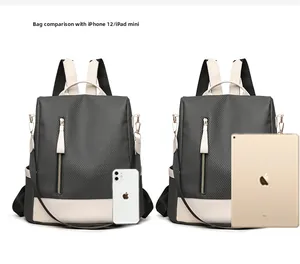 Detailed size comparison of the two-tone backpack with iPhone 12 and iPad mini