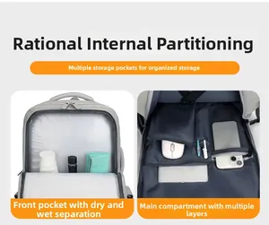 Detail eines grauen Business-Rucksacks mit Innenfächern und Trocken-Nass-Trennungsfach