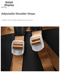 Detail of adjustable backpack shoulder straps with brown nylon webbing and clear buckle
