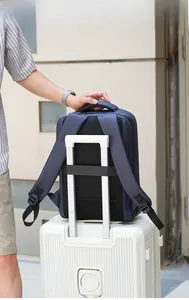 Detail of laptop backpack back panel with breathable mesh and luggage strap for travel