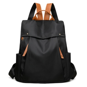Fashion Women Nylon Backpack Large Capacity Minimalist Waterproof Travel School Laptop Bag With Brown Leather Trim