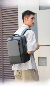 Detail of gray and black water-resistant business backpack with large capacity