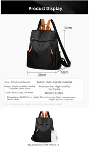 Detailed technical spec sheet showing dimensions 29x31x13cm for the black canvas backpack