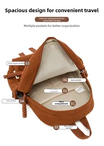 Detail van corduroy rugzak met 6 functionele compartimenten en soepele ritsen