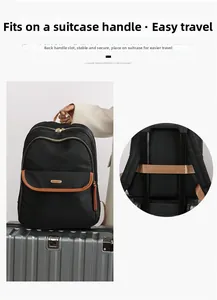Detail of travel backpack with a luggage strap securely fixed to a suitcase handle