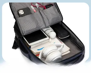 Deep blue business laptop backpack with spacious main compartment and digital device pockets