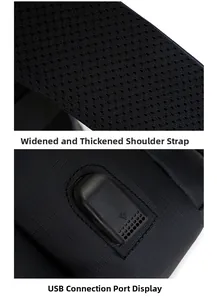 Detail of breathable mesh shoulder straps and external USB charging port on backpack
