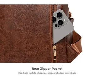 Détail du sac à dos en cuir marron avec poche zippée antivol au dos sécurisée