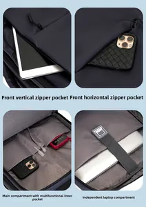Detail view of the multi-functional laptop backpack storage compartments and pockets