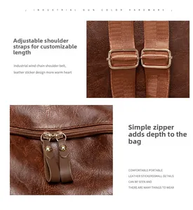 Détail d'un sac à dos en cuir marron avec boucle en métal réglable et fermetures éclair