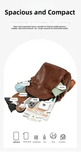Intérieur du sac à dos en cuir marron montrant l'espace pour iPad, phone et accessoires