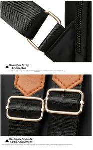 Close-up of golden hardware connectors and adjustable buckle on black canvas backpack