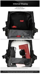 Internal structure of black canvas backpack showing storage pockets and capacity
