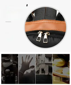 Detailed view of canvas backpack with reinforced stitching, leather trim and gold zippers