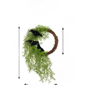 Detailed view of Halloween wreath with black crows and green moss showing product dimensions