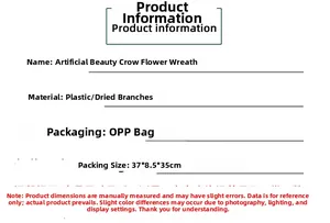 Specifications chart for crow wreath with plastic and branch materials in OPP packaging