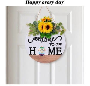 Detail of wooden welcome sign with yellow sunflowers and Easter bunny egg illustration