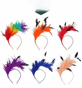 Détail de 6 serre-têtes en plumes colorées pour fêtes, montrant divers styles de plumage