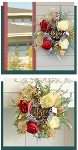 Macro detail of 'Blessed' wooden sign on floral wreath with peonies and ribbons