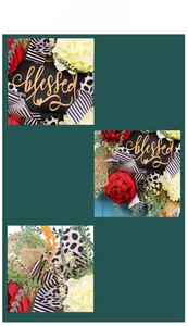 Detail of floral wreath with red and cream flowers, striped ribbons and 'blessed' sign