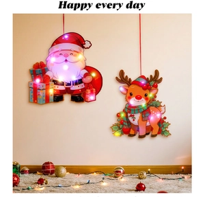 Close-up of LED glowing Santa Claus and Reindeer hanging ornaments with colorful DIY lights
