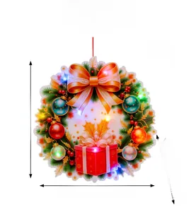 Detailed size view of glowing Christmas wreath with LED lights and festive ornaments
