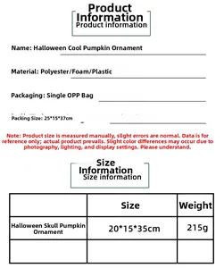 Size chart for Halloween skull pumpkin ornament showing 20x15x35cm polyester foam dimensions
