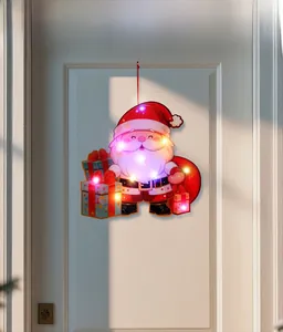 Luminous Santa Claus door hanger with LED lights and colorful gift boxes on white door