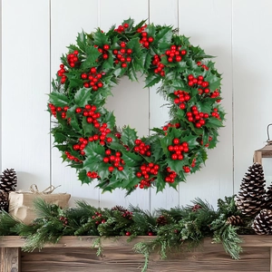Weihnachts Kranz Künstliche Rote Beeren Grüne Stechpalmenblätter Dekoration Für Haustür Wand Fenster Heim Urlaub