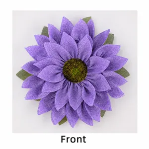 Detailed front view of a purple artificial sunflower head made of layered mesh fabric